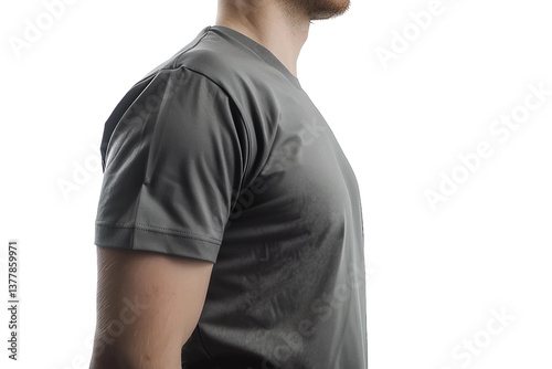 Grey T-Shirt with Short Sleeves Displayed from Side Isolated on Transparent Background