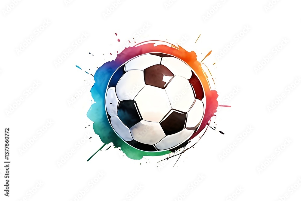 Fototapeta premium Soccer ball with vibrant watercolor splash effect on white background, dynamic sports art composition with rainbow colored paint splatters surrounding classic black and white ball.