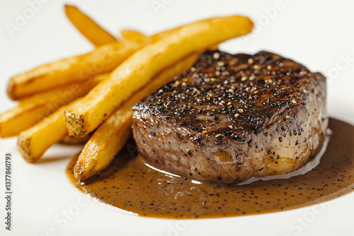 Classic steak au poivre with peppercorn sauce and crispy French fries on white background