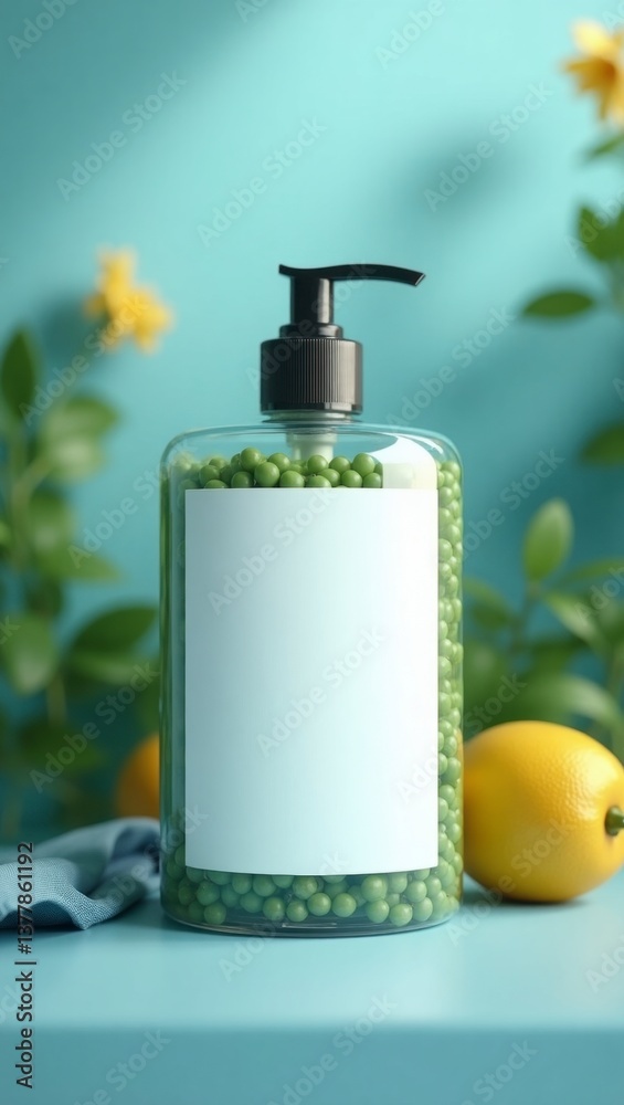 Bright and fresh soap dispenser surrounded by vibrant lemons creating a clean and inviting bathroom scene Bright and fresh soap dispenser surrounded by vibrant lemons creating a clean and inviting bathroom scene