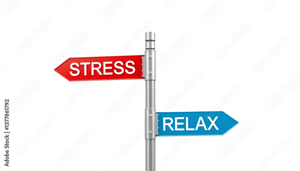 Stress and relax signpost illustration symbolizing work-life balance and mental health choice. Stress and relax signpost illustration symbolizing work-life balance and mental health choice.