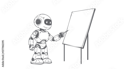 Robot points whiteboard. Blank presentation board learning. Education ai technology solution. Line art monotone vector illustration