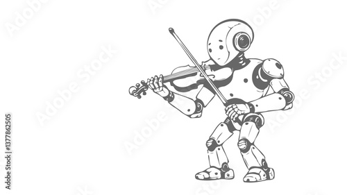 Robot plays violin instrument. Detailed design shows mechanical structure. Suitable for music art tech project. Isolated design white background vector illustration