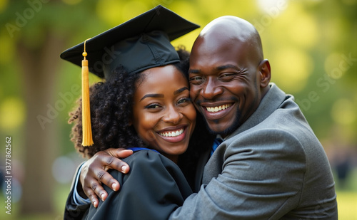 Close-up portrait of a proud father and daughter at a graduation ceremony