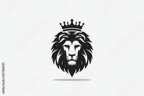  minimalist silhouette of lion's head front with a crown on its head as logo style in black and white