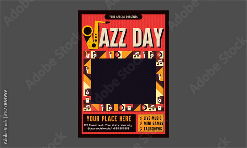 Jazz Day Flyer. Music festival.Vector illustrations of musicians, people and musical instruments: drums, cello, synthesizer, tape recorder for poster, flyer or background
