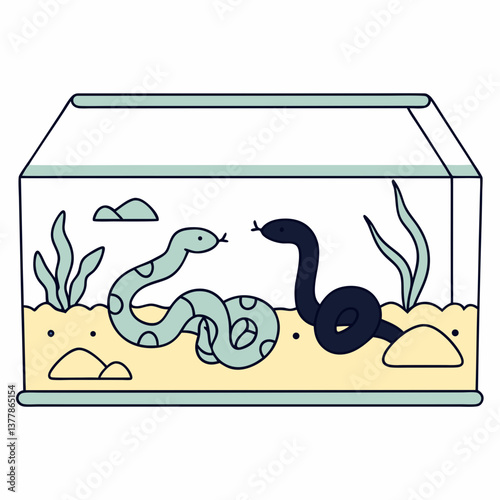 Two snakes interacting in a terrarium with aquatic plants  