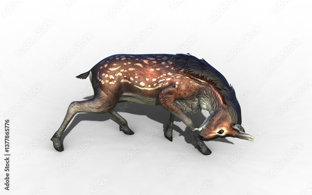 Obraz premium 3d Illustration of Graceful antlers rise as the deer elegantly grazes, its coat shimmering under a radiant sunlit forest canopy.