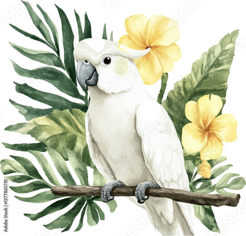 Watercolor painting of a white cockatoo and tropical leaves with yellow flowers, framed on a white background