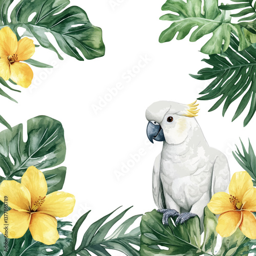 Watercolor painting of a white cockatoo and tropical leaves with yellow flowers, framed on a white background