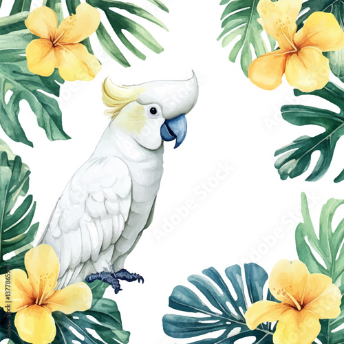 Watercolor painting of a white cockatoo and tropical leaves with yellow flowers, framed on a white background