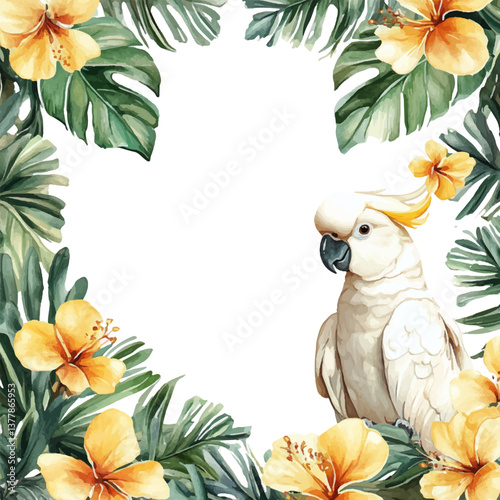 Watercolor painting of a white cockatoo and tropical leaves with yellow flowers, framed on a white background