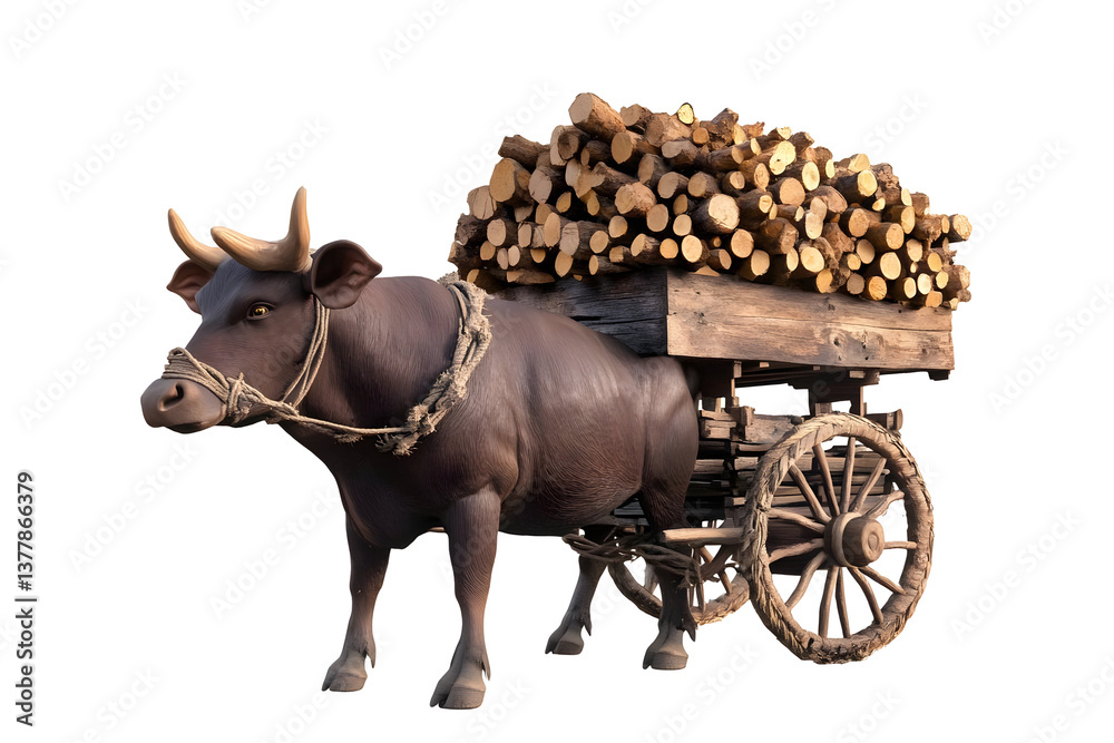 Fototapeta premium A Realistic Image Ox Pulling Wood Cart on Isolated Background