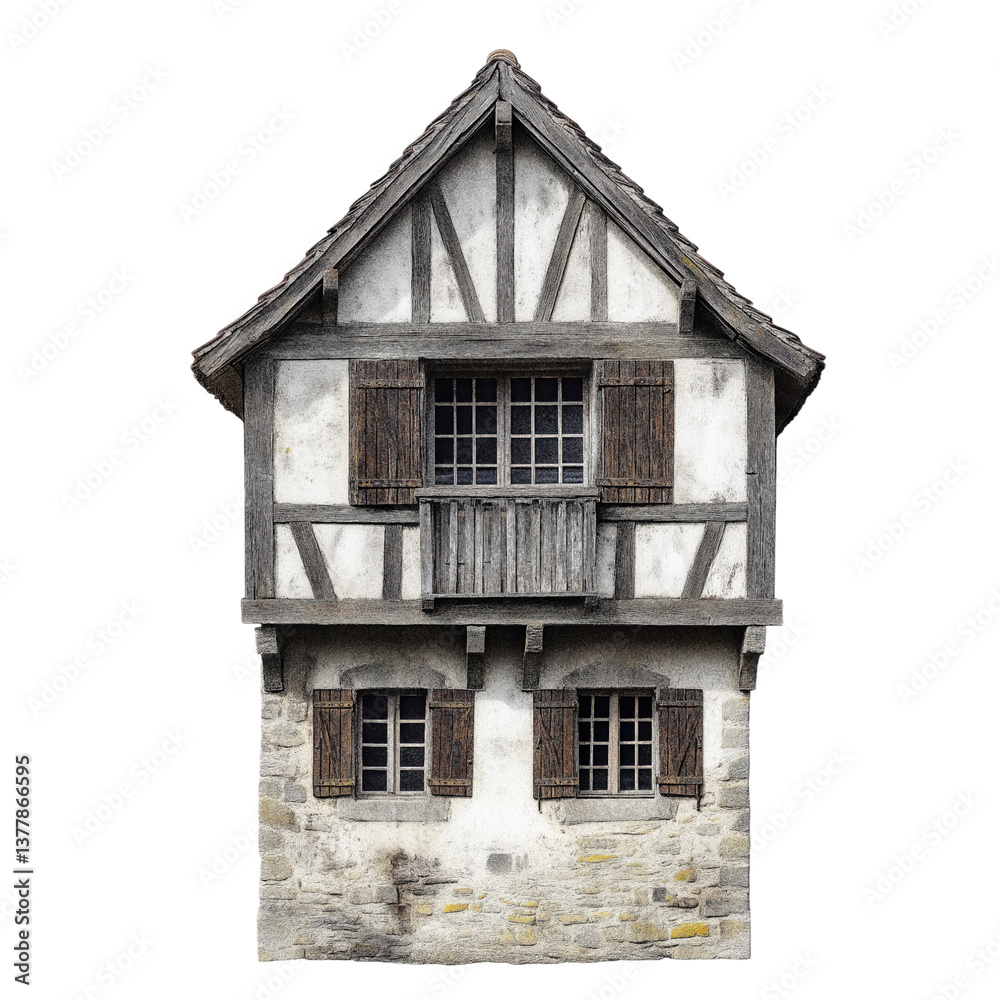 Rustic medieval merchant’s house with wooden shutters and stone walls, isolated on transparent background. Rustic medieval merchant’s house with wooden shutters and stone walls, isolated on transparent background.