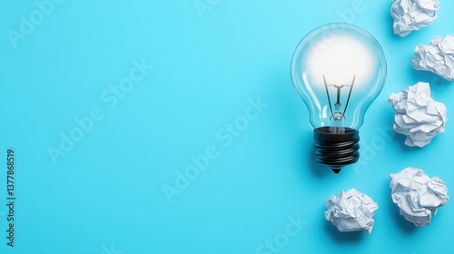 A light bulb on a vibrant blue background, surrounded by crumpled paper, symbolizing creativity and brainstorming.