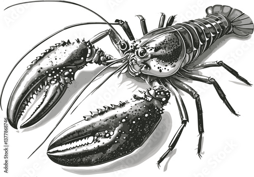 Crayfish lobster with detailed claws, legs, and segmented tail, showcasing marine life and natural design sketch engraving generative ai vector illustration. 