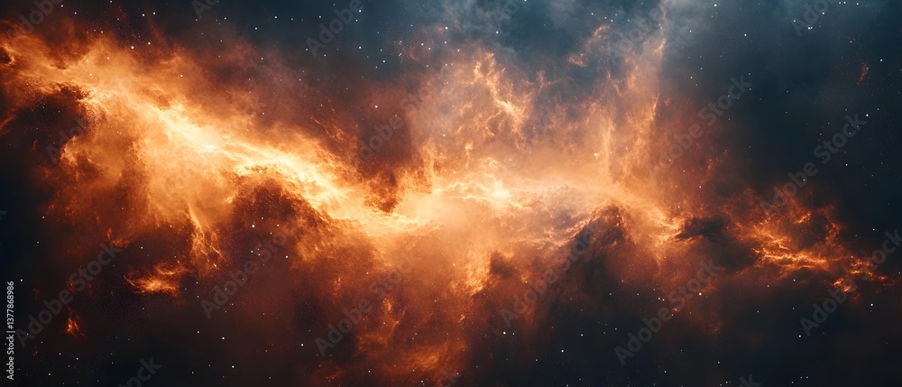 Obraz premium Fiery Nebula Cosmic Cloudscape Space Background Orange and Brown Celestial Abstract Fiery Galaxy Nebulae Starry Night Sky Astronomical Phenomenon 