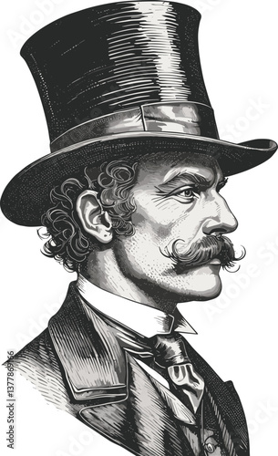 gentleman wearing an exaggeratedly tall top hat, complete with a mustache and suit sketch engraving generative ai vector illustration.