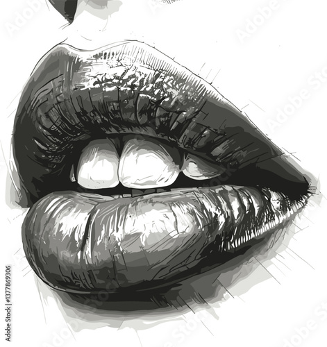 Female full lips slightly biting the lower lip, symbolizing sensuality, flirtation, expressive emotion in classic artistic detail sketch engraving generative ai raster illustration.