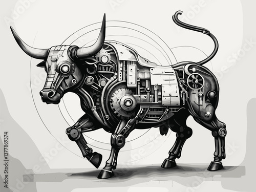 cybernetic bull with mechanical components, gears, and futuristic robotic details in steampunk style sketch engraving generative ai vector illustration