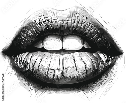 Female full lips slightly biting the lower lip, symbolizing sensuality, flirtation, expressive emotion in classic artistic detail sketch engraving generative ai raster illustration.