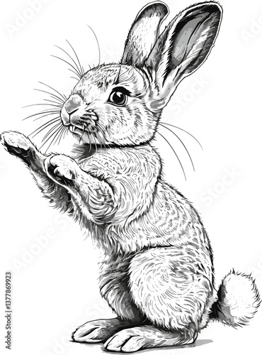 Easter bunny joyful rabbit dancing in spring flowers, drawn in an engraved, woodcut style sketch engraving generative ai vector. Scratch board. 