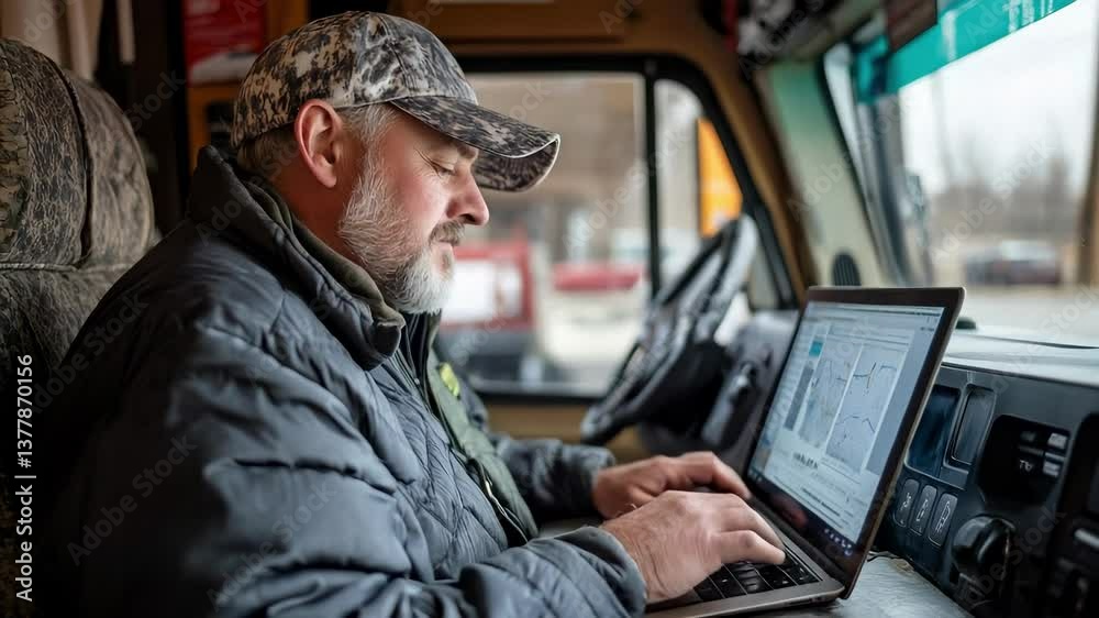 A truck driver sits in his vehicle, focused on a laptop screen. He checks maps and plans routes during a layover, ensuring timely deliveries while on the road.