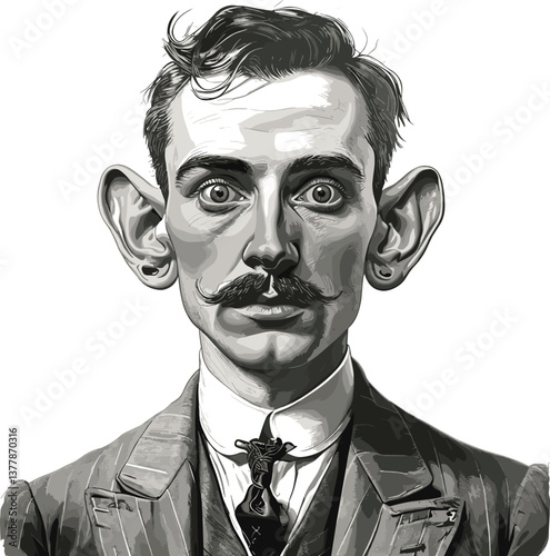 man in vintage attire with exaggeratedly large ears, symbolizing attentive listening or surreal fantasy sketch engraving generative ai vector illustration