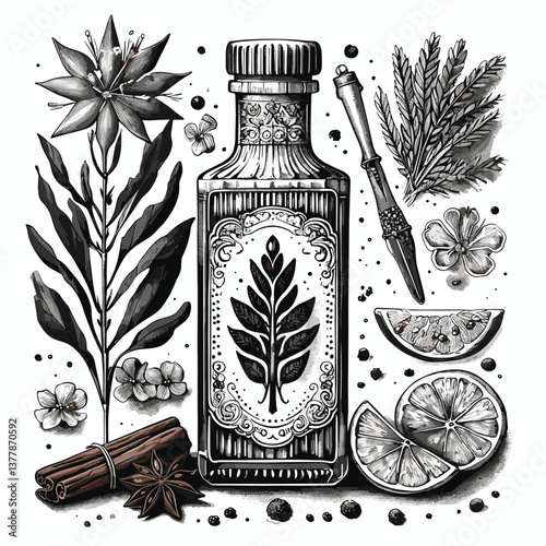 vintage apothecary bottle surrounded by herbs, flowers, citrus, and spices, evoking traditional herbal medicine sketch engraving generative ai vector illustration. Scratch board. 