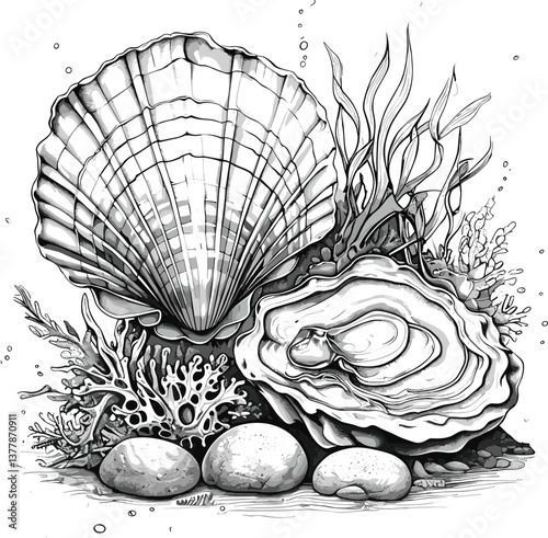 seashells surrounded by seaweed, showcasing oceanic and marine life elements sketch engraving generative ai fictional character PNG illustration. 