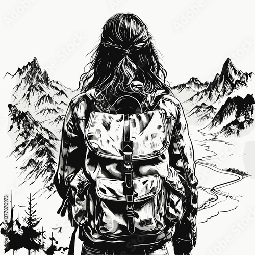female hiker with a backpack gazing at a breathtaking mountain range, symbolizing adventure and exploration sketch engraving generative ai PNG illustration. 
