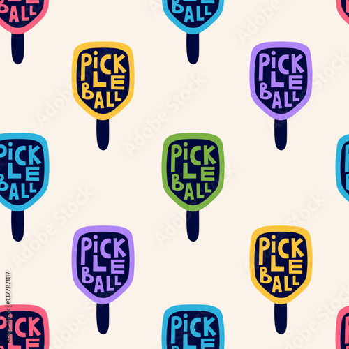 Pickleball Paddle with Lettering Seamless Pattern. Modern Sports Game Background with text word inscription on Racket Equipment Symbol. Colorful Repeat vector illustration