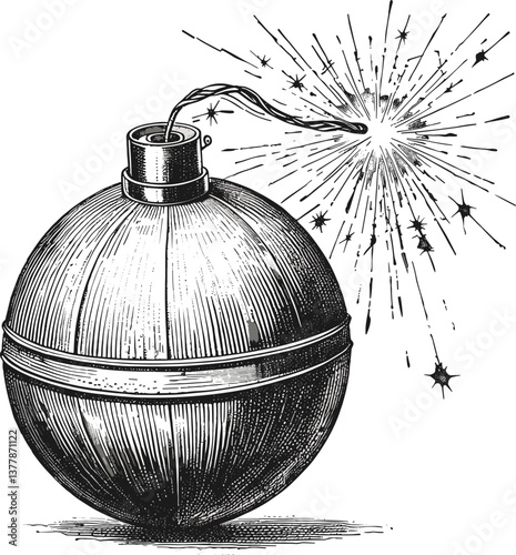 classic round bomb with a lit fuse, designed in a dynamic vintage comic style with explosion effects sketch engraving generative ai vector illustration.