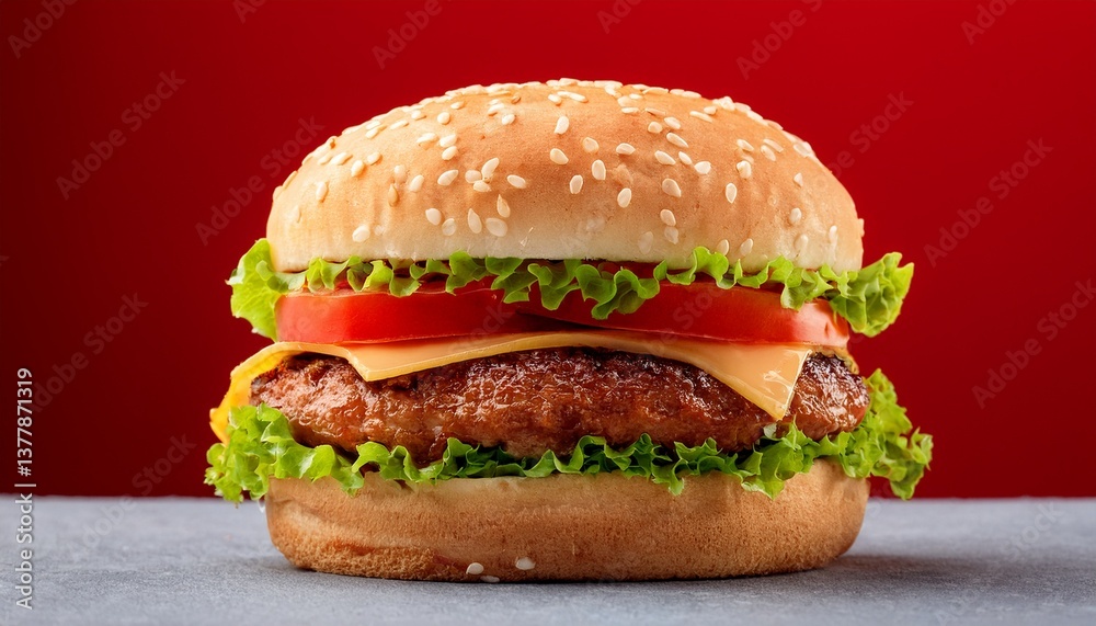 a vibrant hamburger with lettuce tomato and a sesame seed bun against a red background a vibrant hamburger with lettuce tomato and a sesame seed bun against a red background