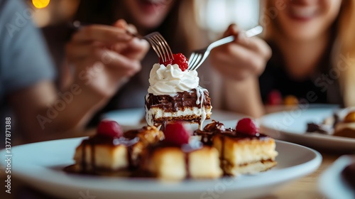 Friends sharing small bites of dessert mindfully savoring each sweet taste together
