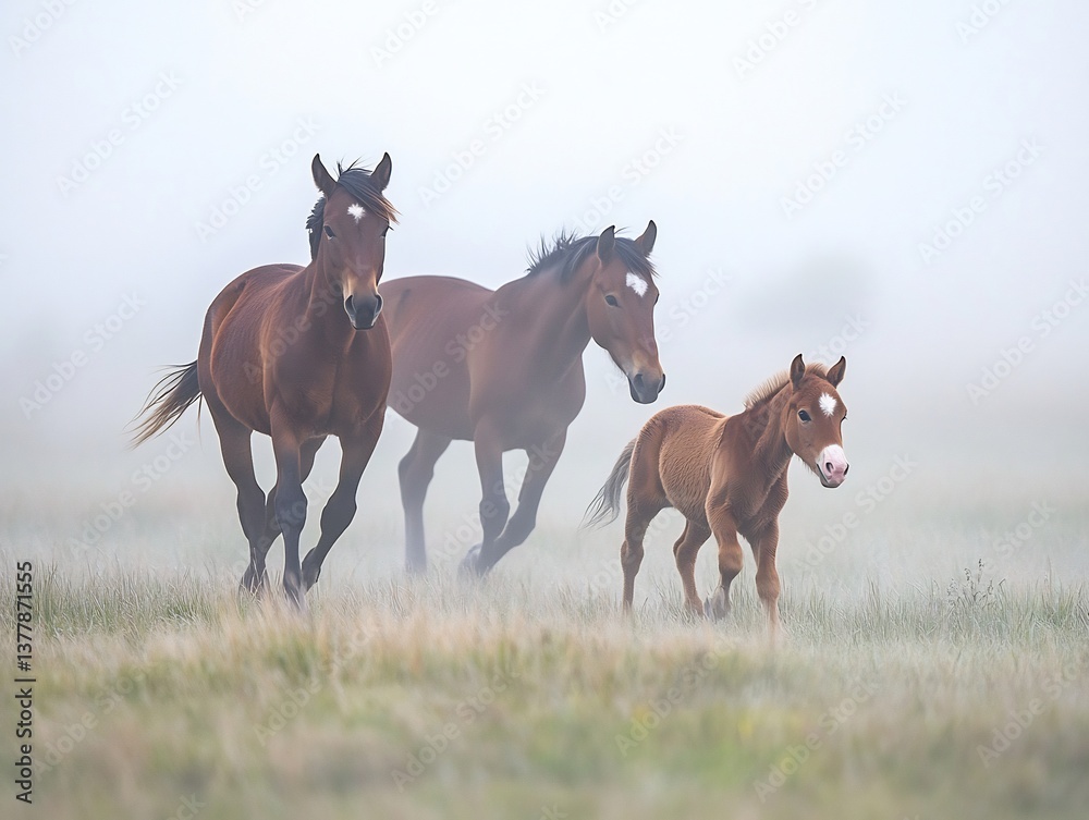 Chasing Each Other Morning Fog Foals their older sibling playfully chasing each other fog covered field dawn mist softens scene faint light make horses' form barely visible they move gracefully Chasing Each Other Morning Fog Foals their older sibling playfully chasing each other fog covered field dawn mist softens scene faint light make horses' form barely visible they move gracefully