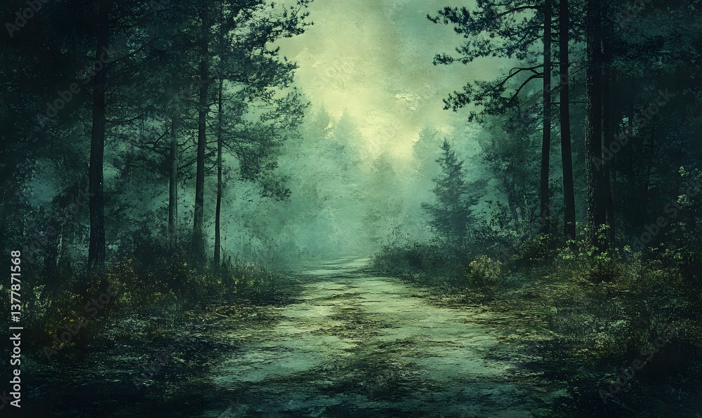 Fototapeta premium Enchanted Forest Path Mystical Green Trees Foggy Atmosphere Tranquil Nature Scene Serene Woodland Magical Landscape Picturesque Path Mysterious Woods 