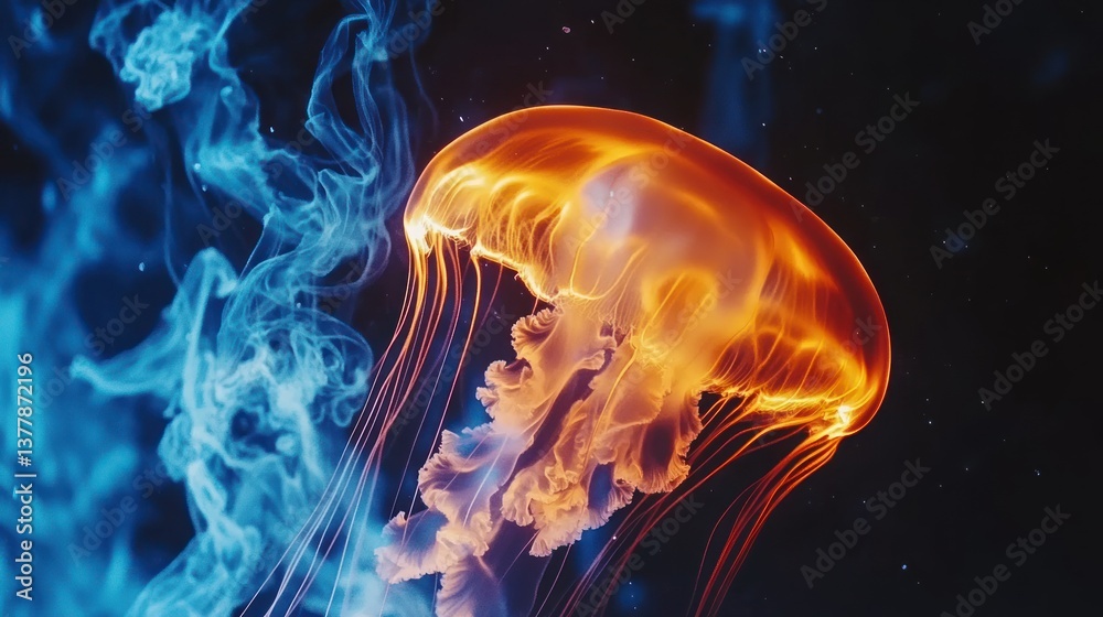 Fototapeta premium Fiery Jellyfish in Deep Ocean