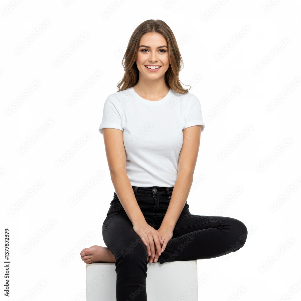 A pretty girl smiling sitting wearing white t-shirt black jeans to create mockups templates A pretty girl smiling sitting wearing white t-shirt black jeans to create mockups templates