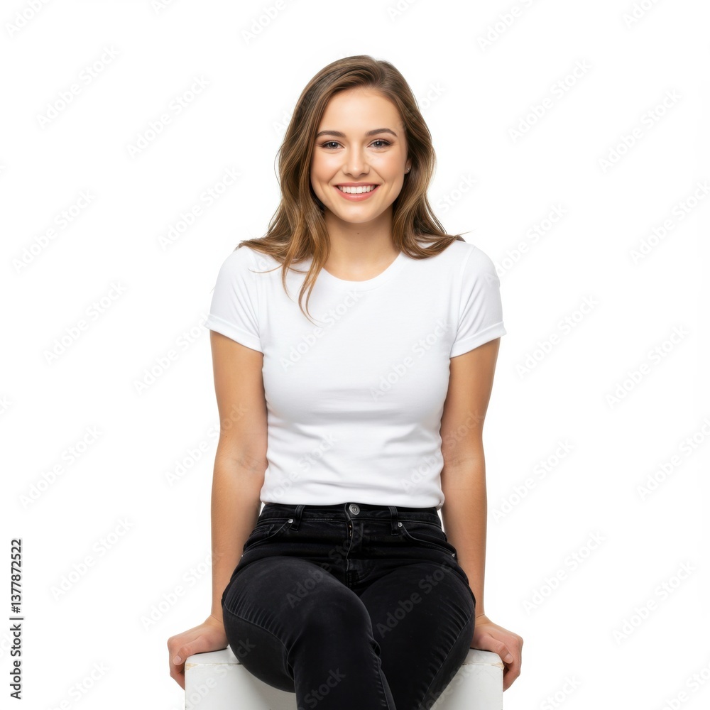 Obraz premium A pretty girl smiling sitting wearing white t-shirt black jeans to create mockups templates