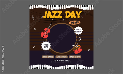 Jazz Day Socials Media. Music festival.Vector illustrations of musicians, people and musical instruments: drums, cello, synthesizer, tape recorder for poster, flyer or background
