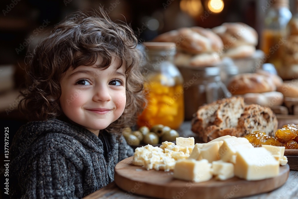 Naklejka premium A happy child in a good mood sits with his delicious breakfast.