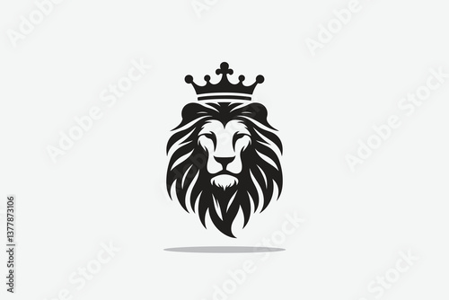  minimalist silhouette of lion's head front with a crown on its head as logo style in black and white