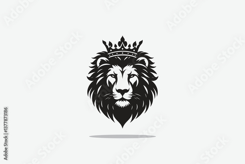  minimalist silhouette of lion's head front with a crown on its head as logo style in black and white