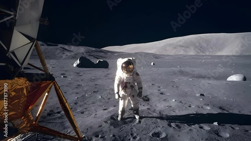 Astronaut Walking on the Moon Surface with a Stunning Lunar Landscape in the Background, Capturing the Historic Moment of Space Exploration and the Incredible Details of the Moon's Cratered Terrain,