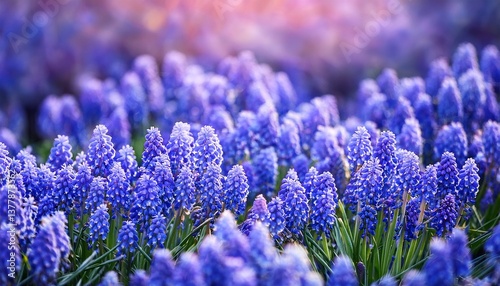 close up background of purple muscari or blue grape hyacinth flowers in field in spring
