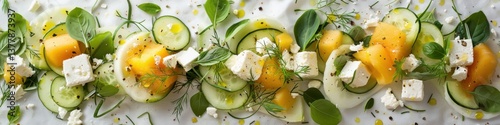 Fresh salad with cucumbers, melons, and feta cheese arranged elegantly on a white surface