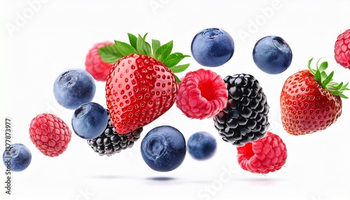 falling wild berries mix strawberry raspberry blueberry blackberry isolated on white