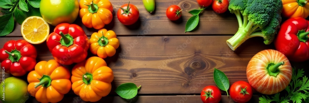 Close-up of a vibrant assortment of organic fruits and vegetables on a wooden table, vibrant, organic, produce Close-up of a vibrant assortment of organic fruits and vegetables on a wooden table, vibrant, organic, produce