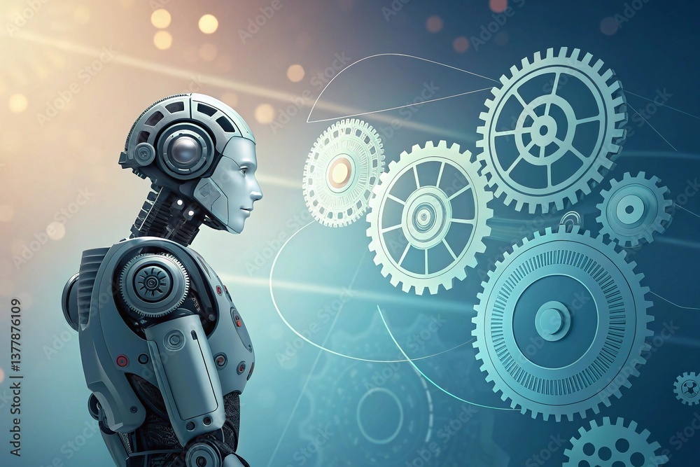 Naklejka premium Technology concept illustration, robot and gears, futuristic style, for technology and science publications. Robots and robotics. Future technologies